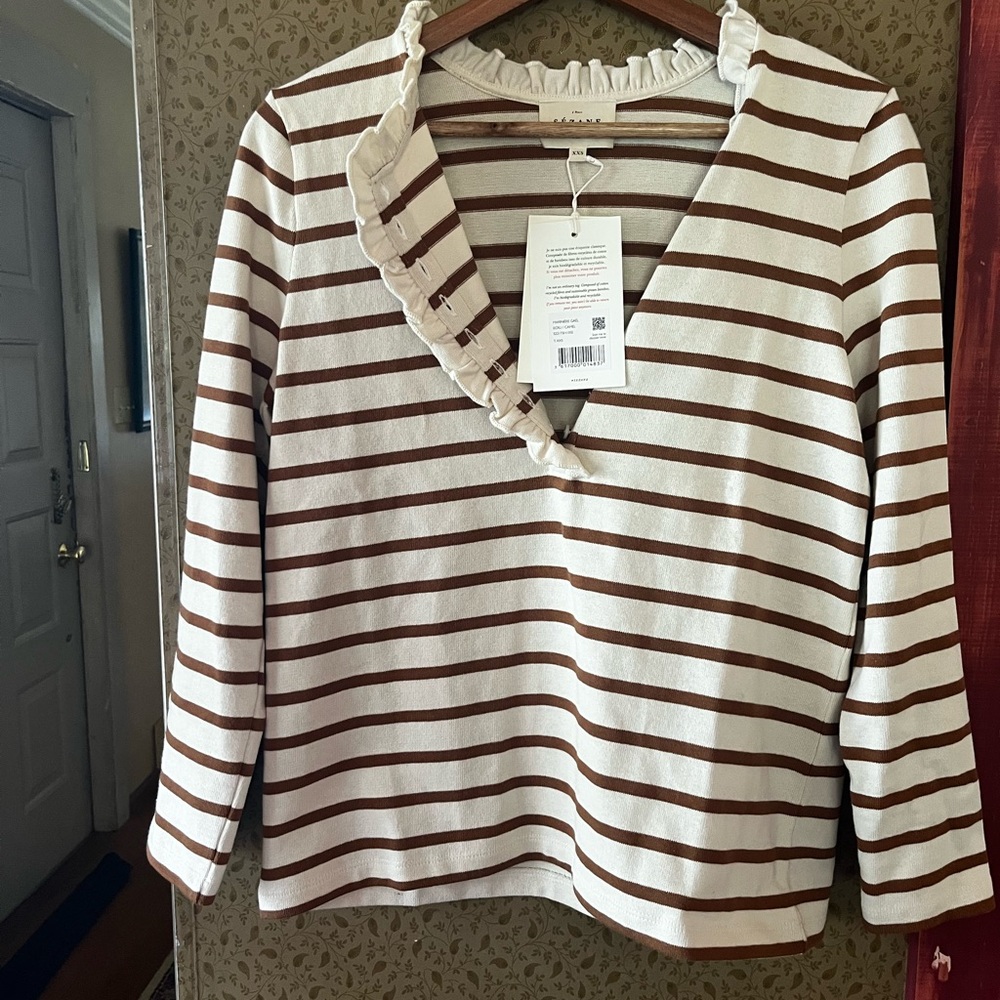 Sezane Brown and Cream Striped Long Sleeve Top